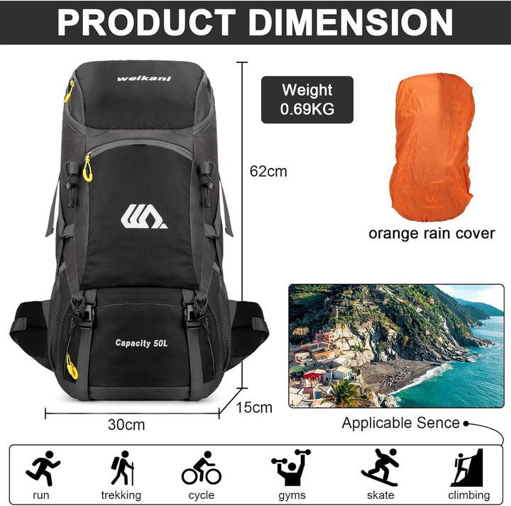 jianyana Wanderrucksack 50L Trekkingrucksack Regenhülle Reiserucksack Wasserdichter Campingrucksack