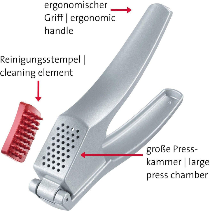 Westmark Knoblauchpresse mit extra grosser Kammer und Reinigungselement, Länge: 16,2 cm, Aluminium/K