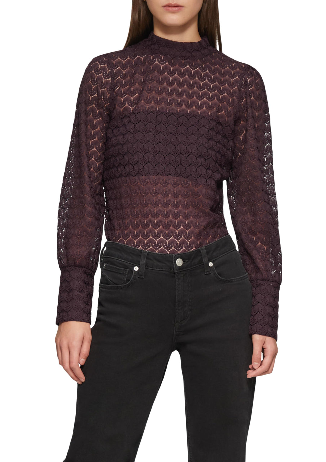 QS Transparentes Spitzen-Shirt mit Stehkragen XS 4988_aubergine, XS 4988_aubergine