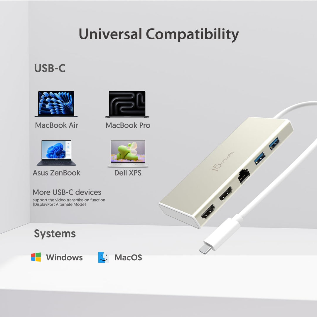 j5create USB-C Dual HDMI Hub - Typ C Dockingstation mit 2X HDMI, 2X USB 3.0, Ethernet, PD 60W Durchg