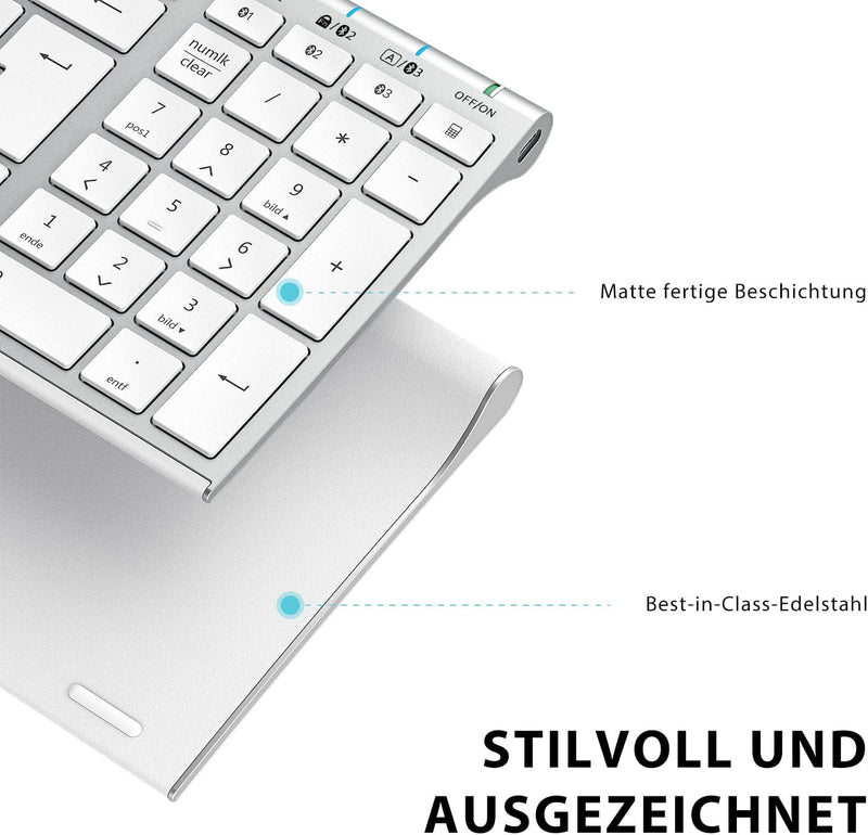 iClever Kabellos Tastatur, BK10 Bluetooth Tastatur Mac mit 3 Bluetooth Kanälen, Ultraslim wiederaufl