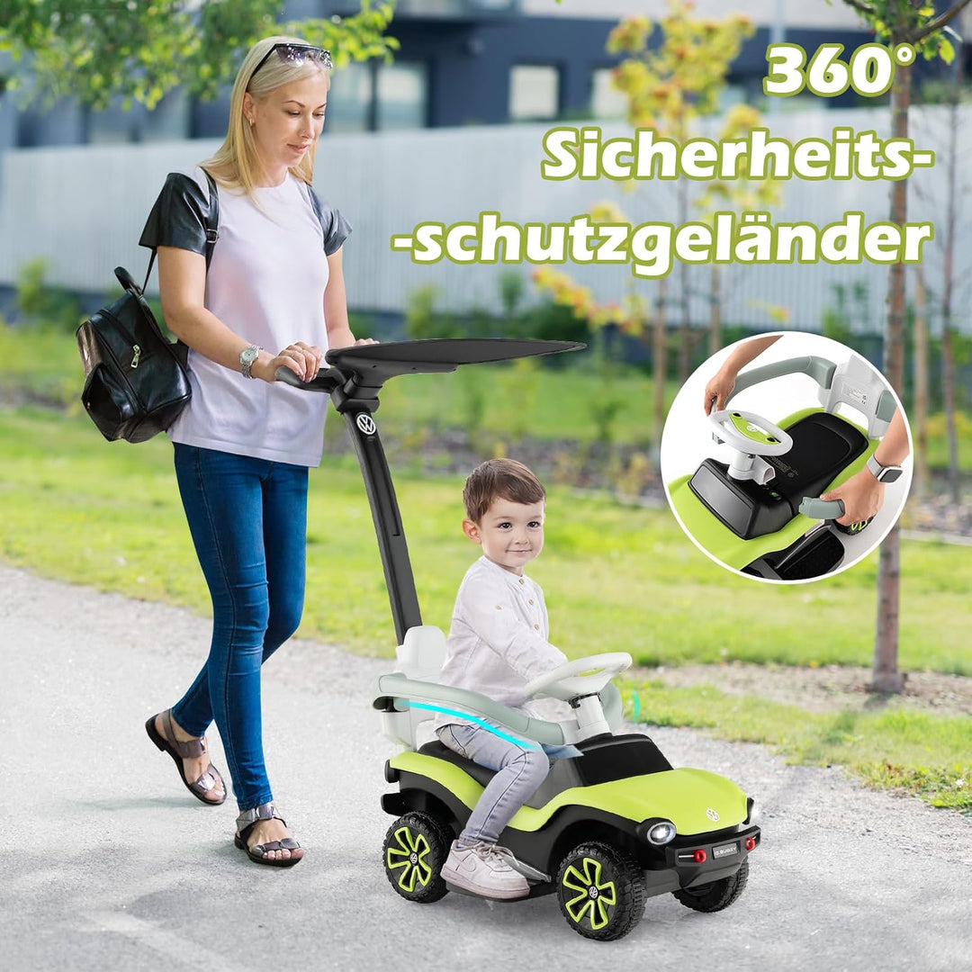 DREAMADE Rutschauto für Kinder, Volkswagen Rutscher mit 3-stufig Verstellbarem Schiebegriff, Verdeck