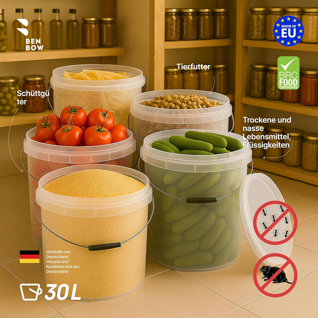 BenBow Eimer mit Deckel 30l transparent 5X 30 Liter - lebensmittelecht, stabil, luftdicht, auslaufsi