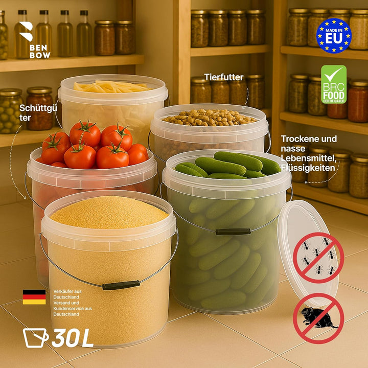 BenBow Eimer mit Deckel 30l transparent 5X 30 Liter - lebensmittelecht, stabil, luftdicht, auslaufsi