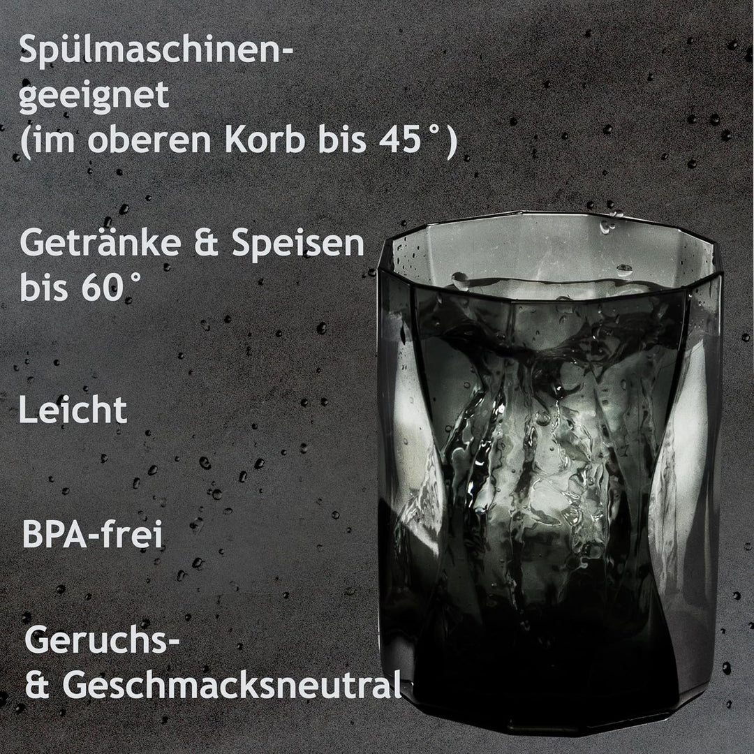 Melamin Geschirr Set für 6 Personen Grau Granit-Optik 24 Teile - mit grauen Trinkgläsern 300 ml - Ca