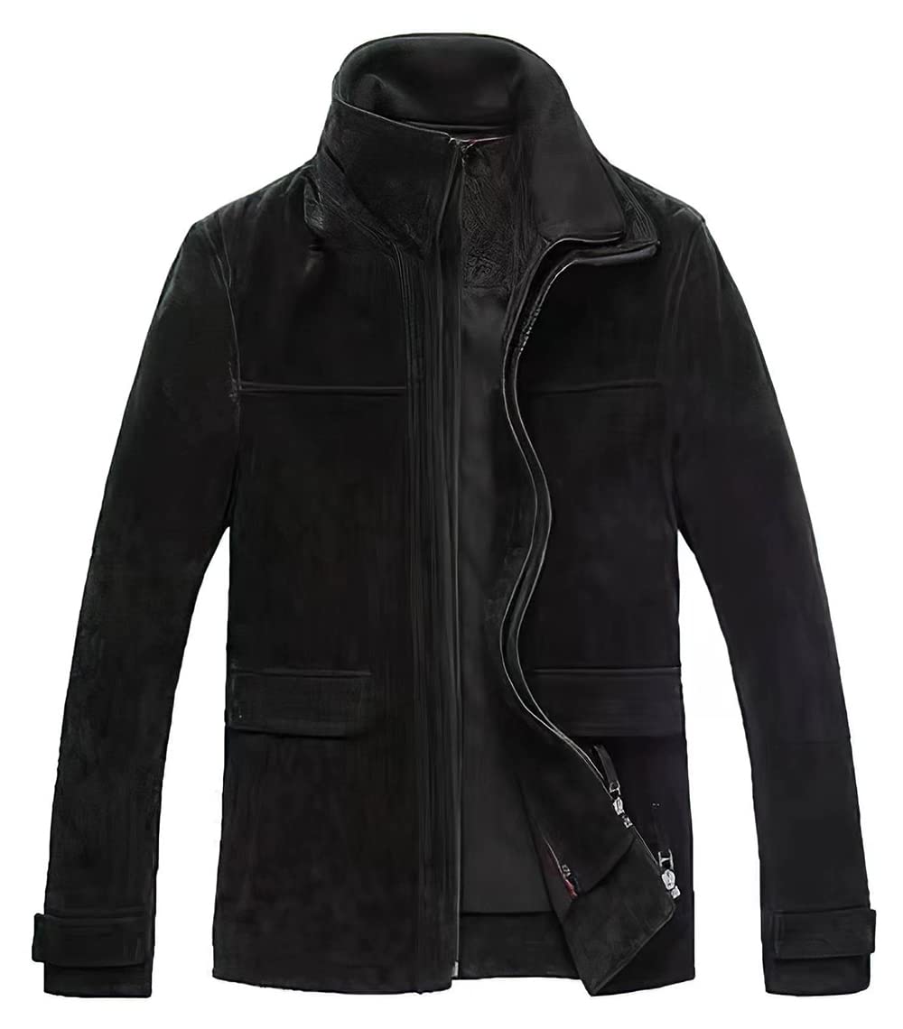 FLAVOR Herren Lederjacke Wildleder Jacke Baumwolle Gefüttert Mit Abnehmbares Kragen Freizeitjacke L