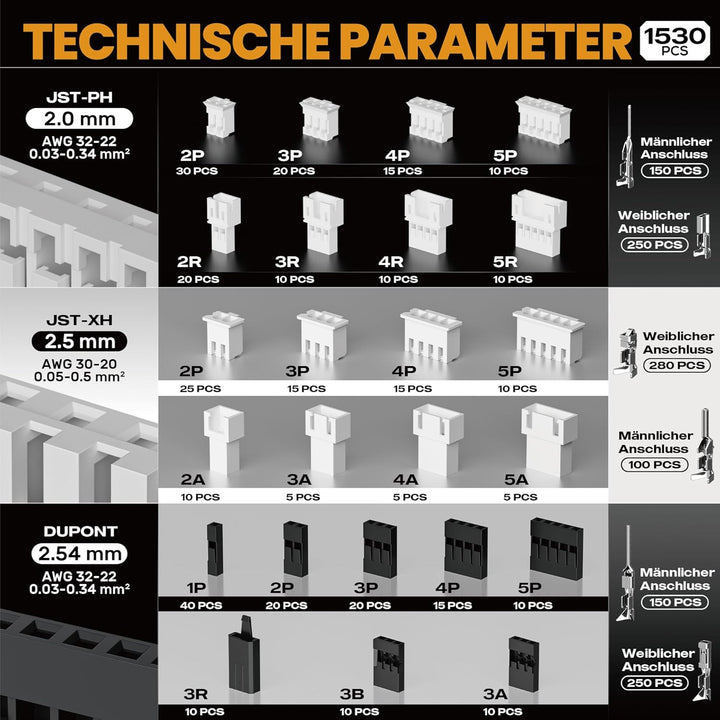 SOMELINE® Crimpzange Stecker Set, JST-PH 2,0mm/JST-XH 2,5mm/Dupont 2,54mm Stecker Set, Es gibt 27 St