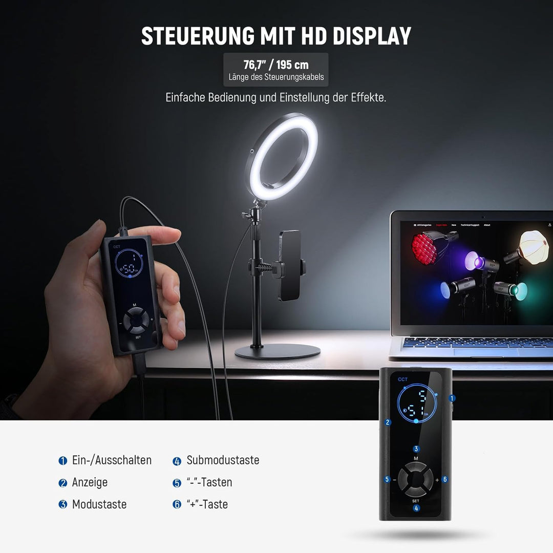 NEEWER 8" Tisch Ringlicht 18W Stark Leistung mit Ständer & Handyhalter, Circle Selfie Ring Licht kom