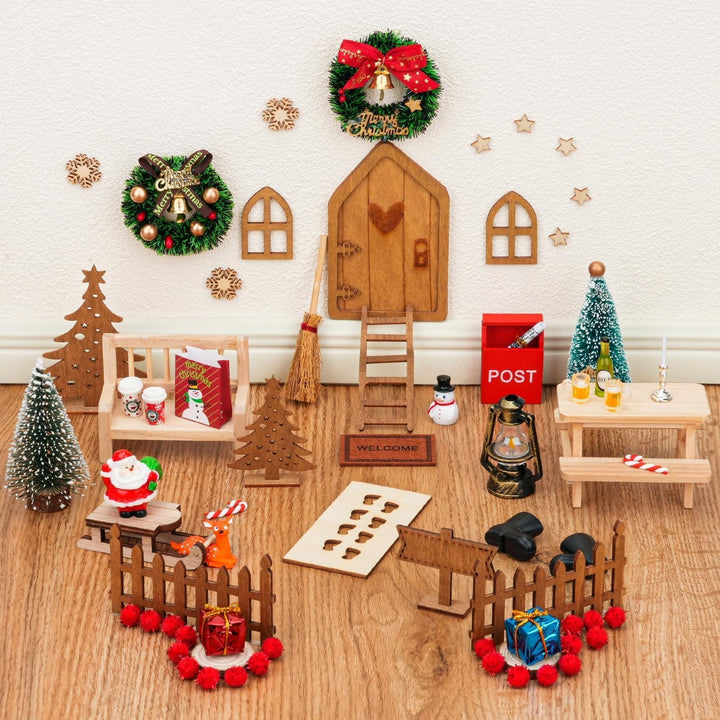 68 Stück Wichteltür Set Weihnachten – Wichtel Set mit Zubehör DIY Deko Komplettset aus Holz & Kunsts