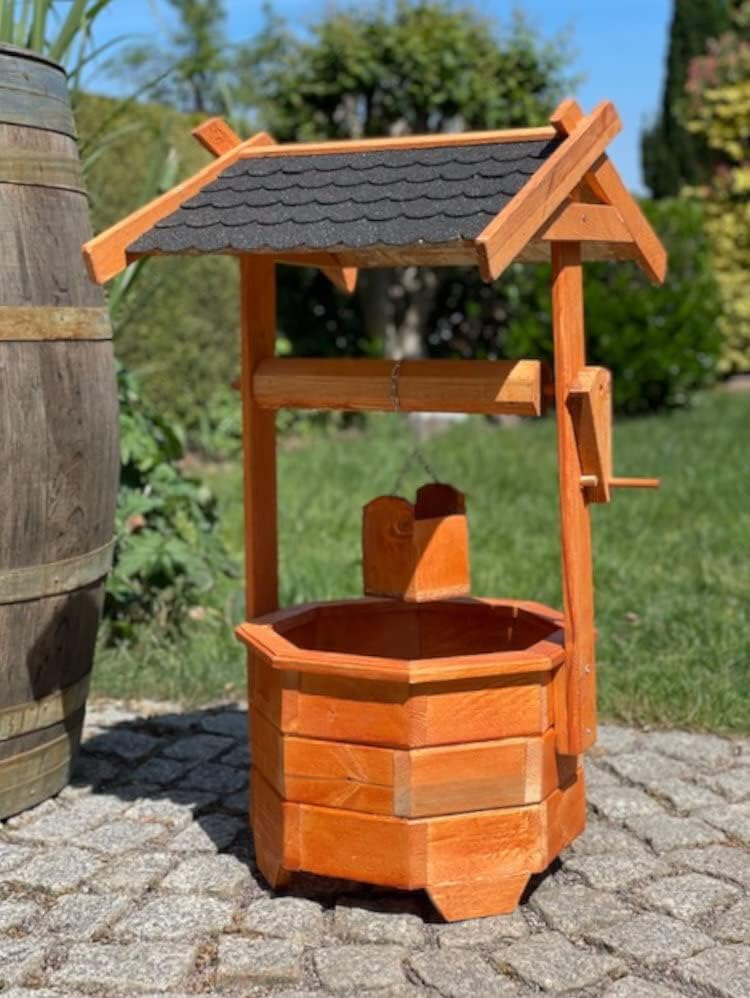 Grosser Handgefertigter Garten-Deko-Achteck-Brunnen aus Holz Braun/Grün Höhe 84 cm für den Garten/Ou