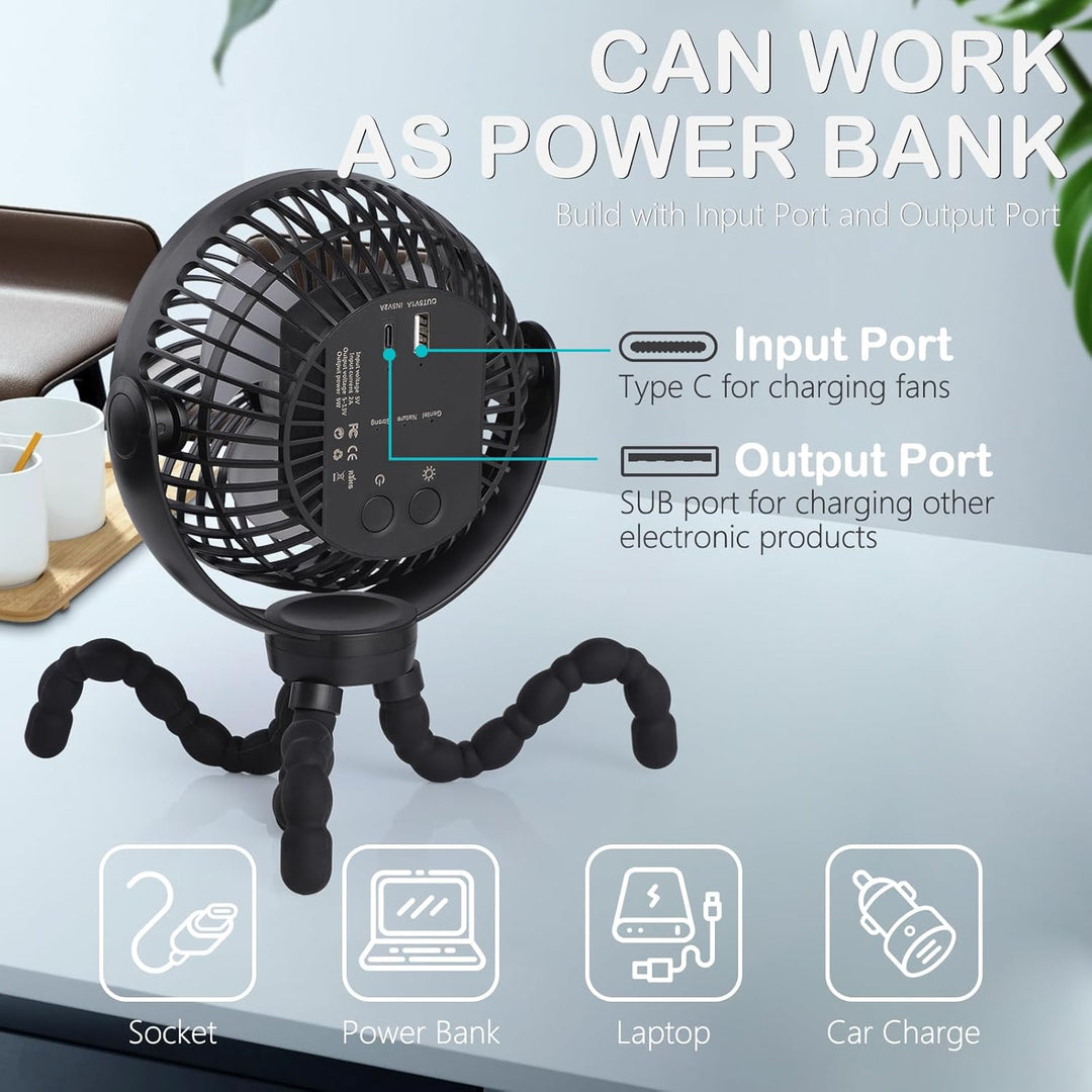 Hianjoo LED Ventilator mit 10000mAh Akku - 360° Drehbarer Kleiner Tischventilator für Camping, Zelte