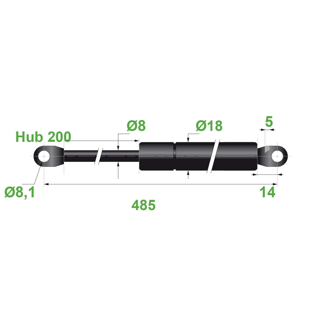 Trupa Gasdruckfeder Ø 8/18, Schwarz, 8,1 Hub=200, 485-500 mm, 500N (0154), Fahrwerkshilfsfeder, Vord