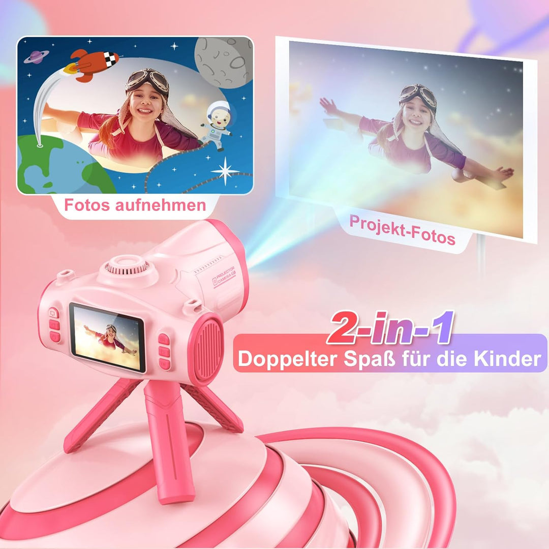 2 in 1 Kinderkamera mit Projektion, Stativ, 32GB-Karte, grosser Akku, Geschenk für 3-12 Jahre (Rosa)
