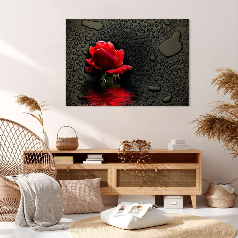 Bilder auf Leinwand 100x70cm Leinwandbild Blume rote rose wasser tau Gross Wanddeko Bild Schlafzimme