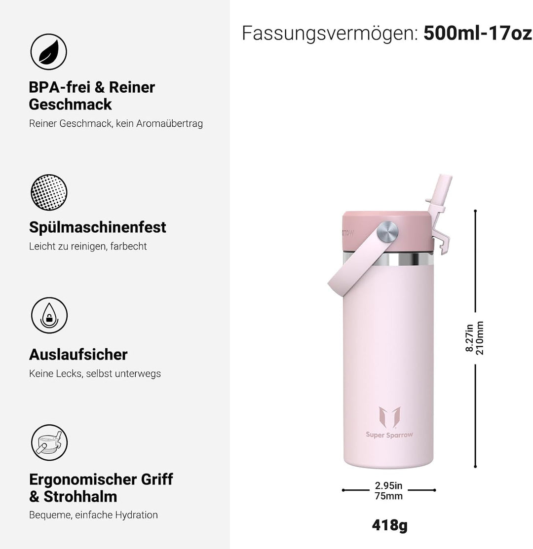 Sparrow Kinder Trinkflasche Edelstahl 500ml Thermosflasche mit Strohhalm 500 ml Rosa, 500 ml Rosa