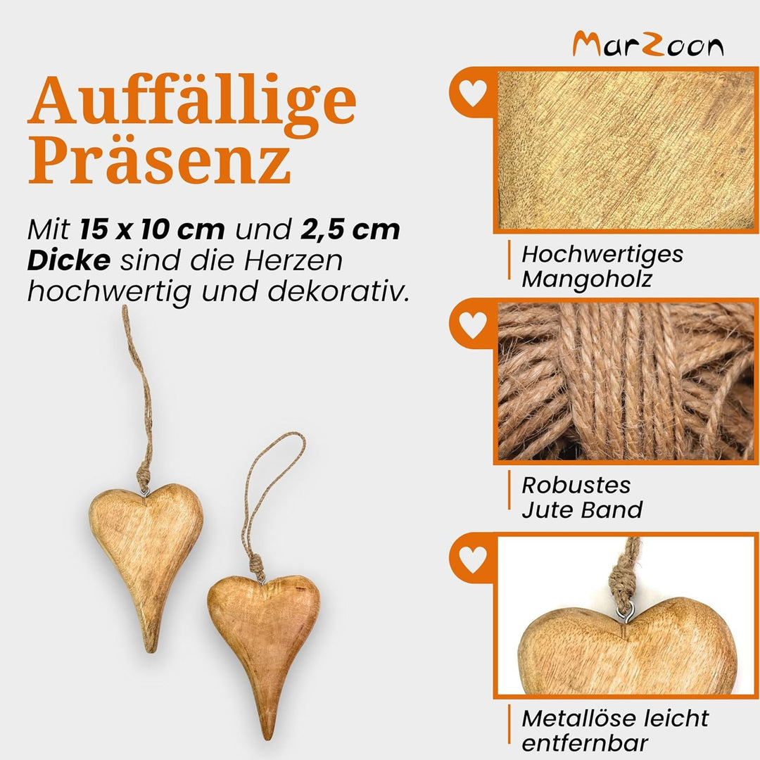 2X Holz Anhänger Herz je 15 x 10 cm - Massiv Holzherzen zum Hängen - Holz-Deko für Fenster - Vintage