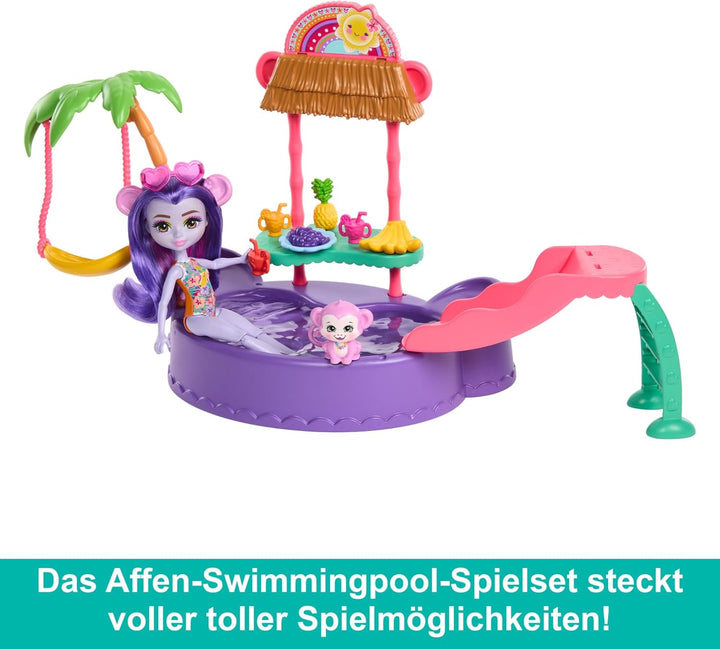 Enchantimals-Puppe und Zubehör, Affen-Swimmingpool-Spielset, Puppe und Beste Tierfreund-Figur, Rutsc