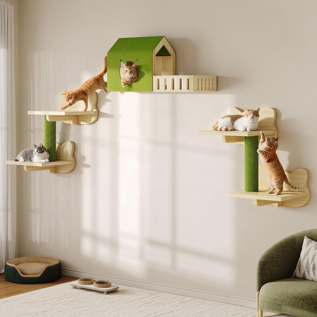 YITAHOME Katzenkletterwand-Set, Stabiler Holz Katzenmöbel, 5-Teilig Katzen Wandelemente mit Katzenha