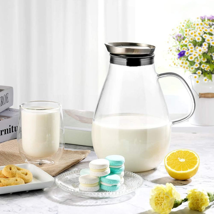 Ehugos Glaskaraffe Wasserkrug aus Borosilikatglas Wasserkaraffe mit Edelstahl Deckel Glaskrug (2L),