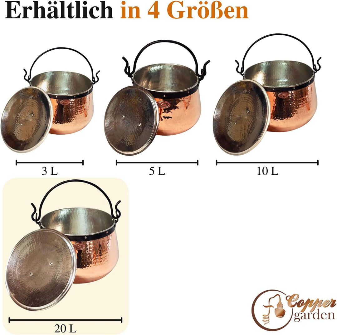 CopperGarden Kupferkessel 20 L mit Henkel & Deckel - Hexenkessel I Robuster Kessel aus verzinntem Ku