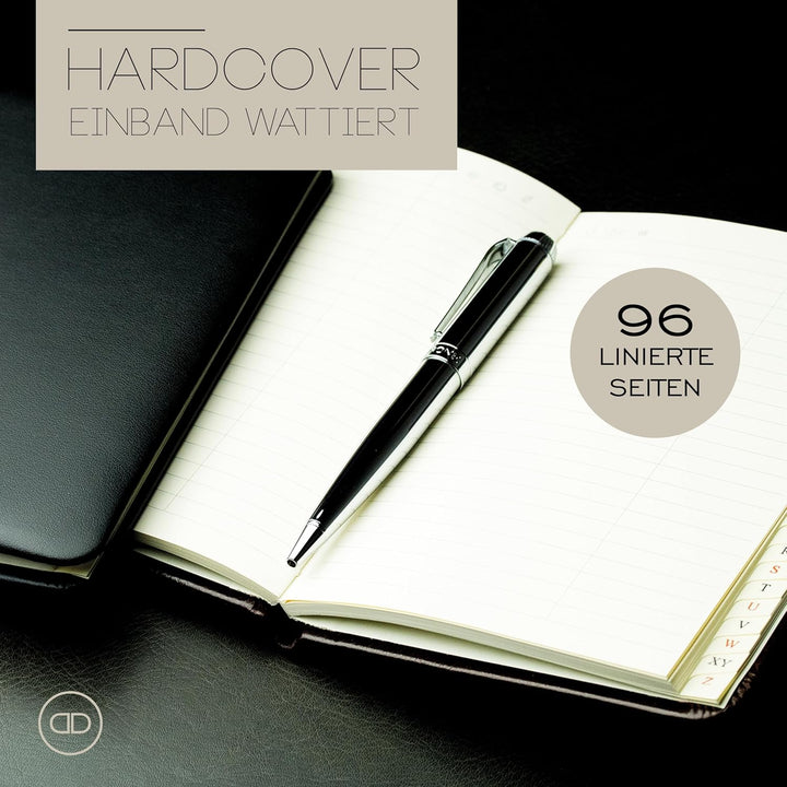 DELMON VARONE - Personalisierbares Adressbuch DIN A6+ gebunden mit A-Z Register Boxcalf Leder schwar