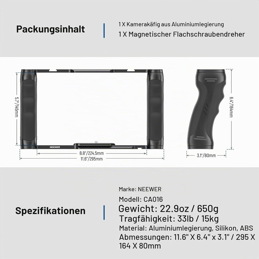 NEEWER Videokamera Käfig Rig mit Arca Basis, Doppelgriffen, 3/8" ARRI Aufnahme &amp; 1/4" Gewinde, Cold