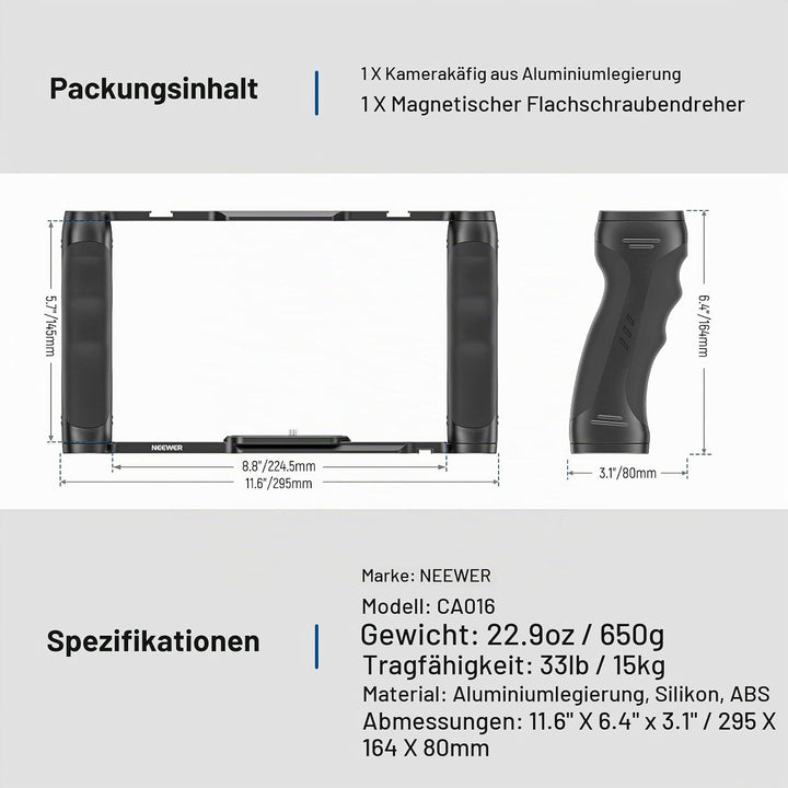 NEEWER Videokamera Käfig Rig mit Arca Basis, Doppelgriffen, 3/8" ARRI Aufnahme &amp; 1/4" Gewinde, Cold
