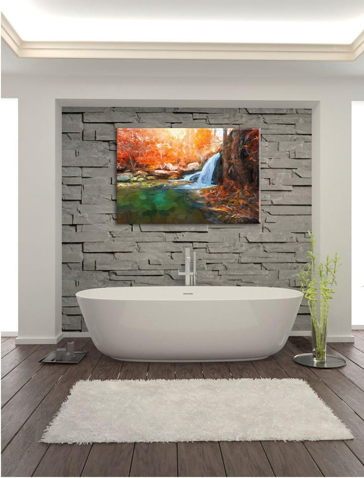 Pixxprint Wasserfall im Wald / 100x70cm Leinwandbild bespannt auf Holzrahmen/Wandbild Kunstdruck Dek