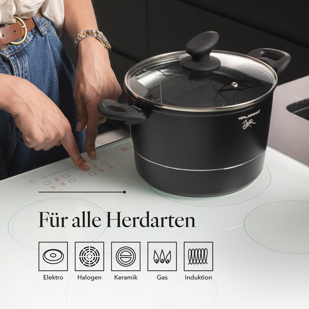 FLORINA Aluminium Topf (5 l) 22 cm I Kochtopf DELUX mit Glasdeckel I Messbecher & Antikratz-Beschich