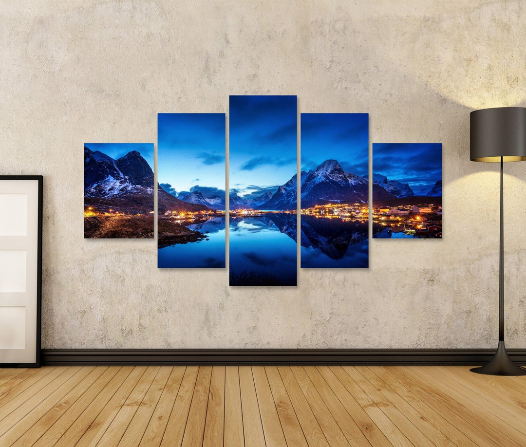islandburner Bild auf Leinwand Sonnenuntergang Winter Lofoten Norwegen Wandbild Poster Kunstdruck Bi