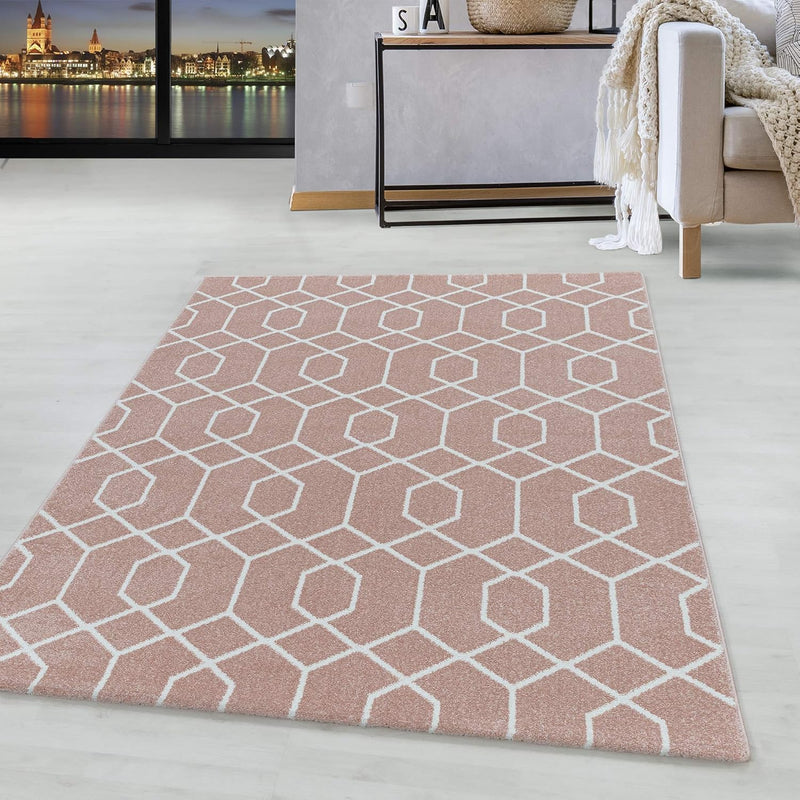 HomebyHome Teppich Wohnzimmer 200x290 cm Rosa Retro Linien Design - Schlafzimmer Teppich Kurzflor Ex