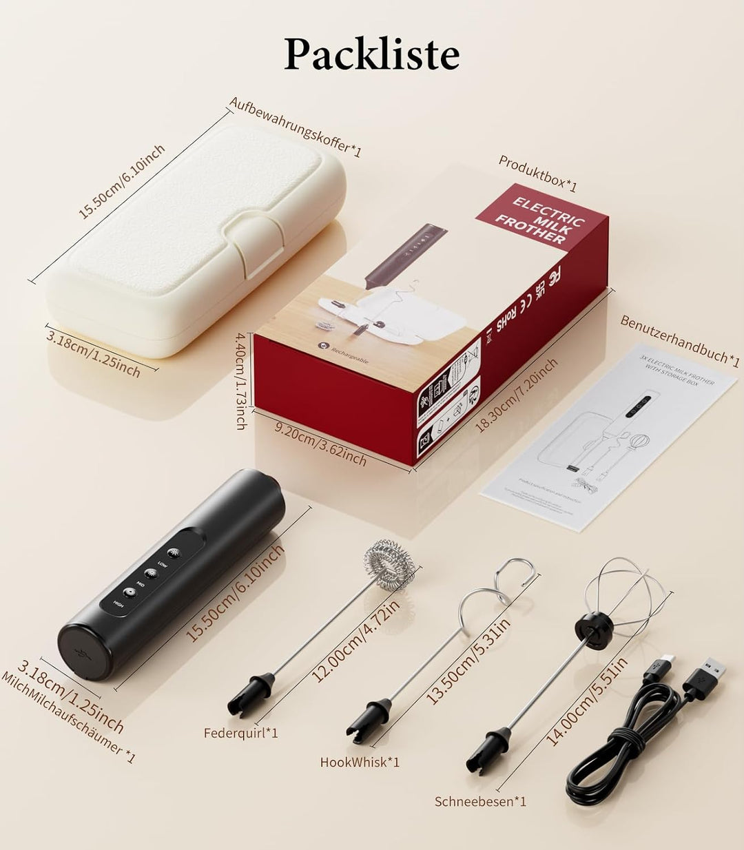 WONMAKE Milchaufschäumer Elektrisch, Handheld Milchschäumer Tragbar USB-C Wiederaufladbar mit 3 Eins