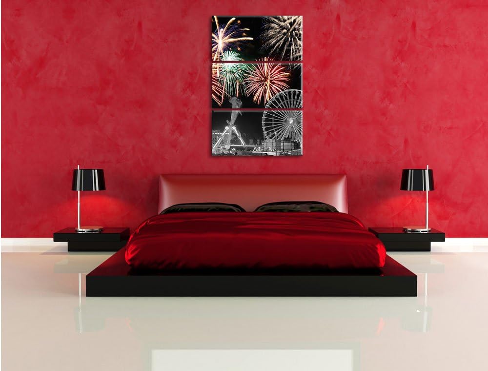 Pixxprint Silvester Feuerwerk schwarz/weiss als Leinwandbild/Grösse: 3 Teilig (120x80) cm/Wandbild/K