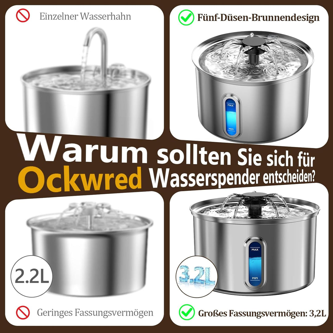 Katzenbrunnen Edelstahl 3,2L/112oz Trinkbrunnen für Katze mit Wasserbrunnen, Vierfach-Filtersystem,
