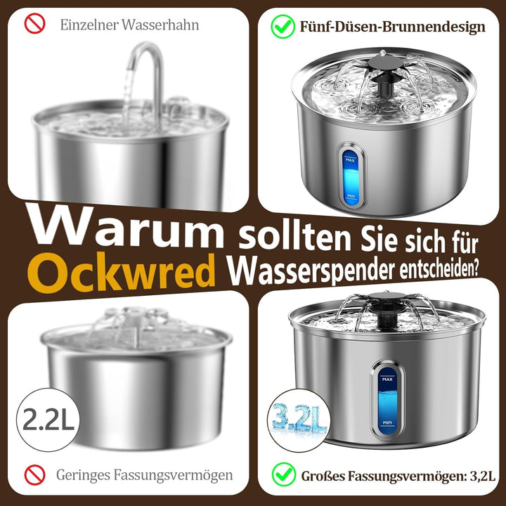 Katzenbrunnen Edelstahl 3,2L/112oz Trinkbrunnen für Katze mit Wasserbrunnen, Vierfach-Filtersystem,