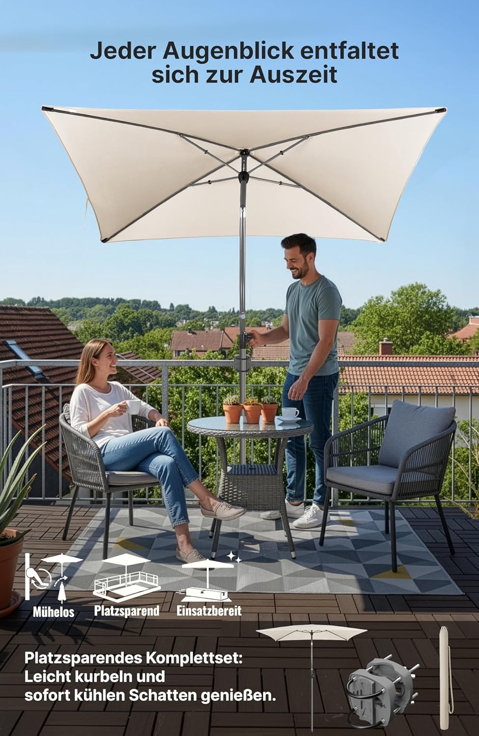 4smile Sonnenschirm Balkon mit Halterung im 3-er-Set, 200x125 cm, UV 50+, Sonnenschutz Balkon, Balko