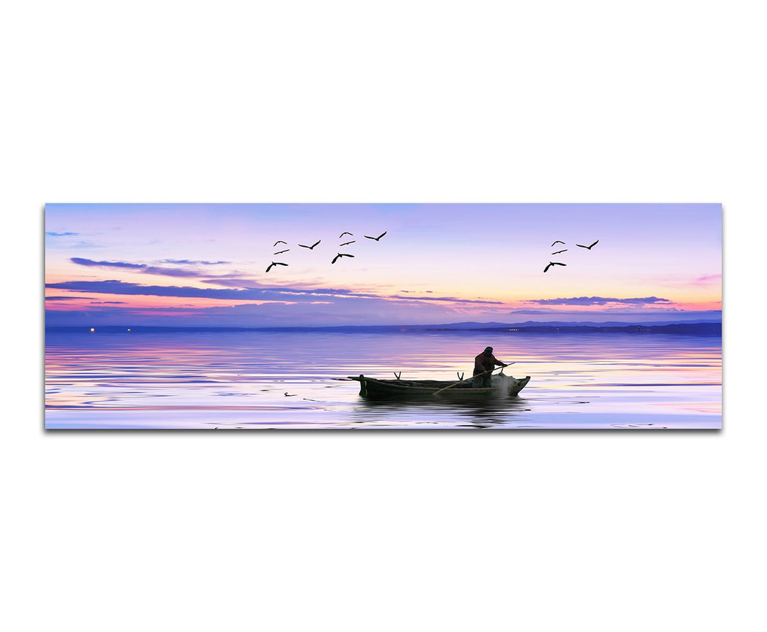 Paul Sinus Art Panoramabild auf Leinwand und Keilrahmen 150x50cm Meer Fischerboot Fischer Möwen Morg