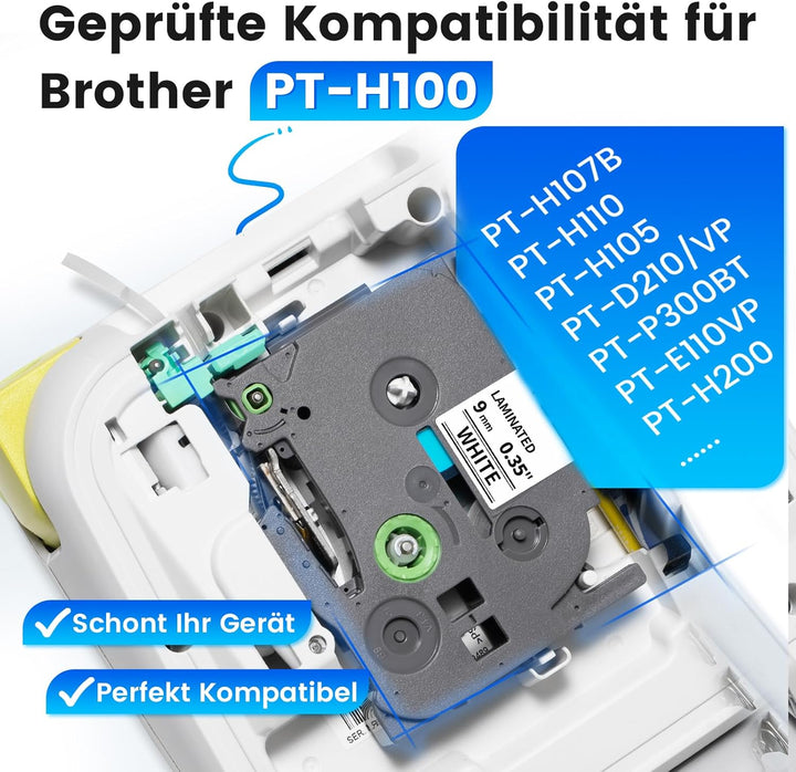 Suminey Schriftband TZe221, 9mm Schwarz auf Weiss, Kompatibel mit Brother P-touch 1000 1010 1280 H10