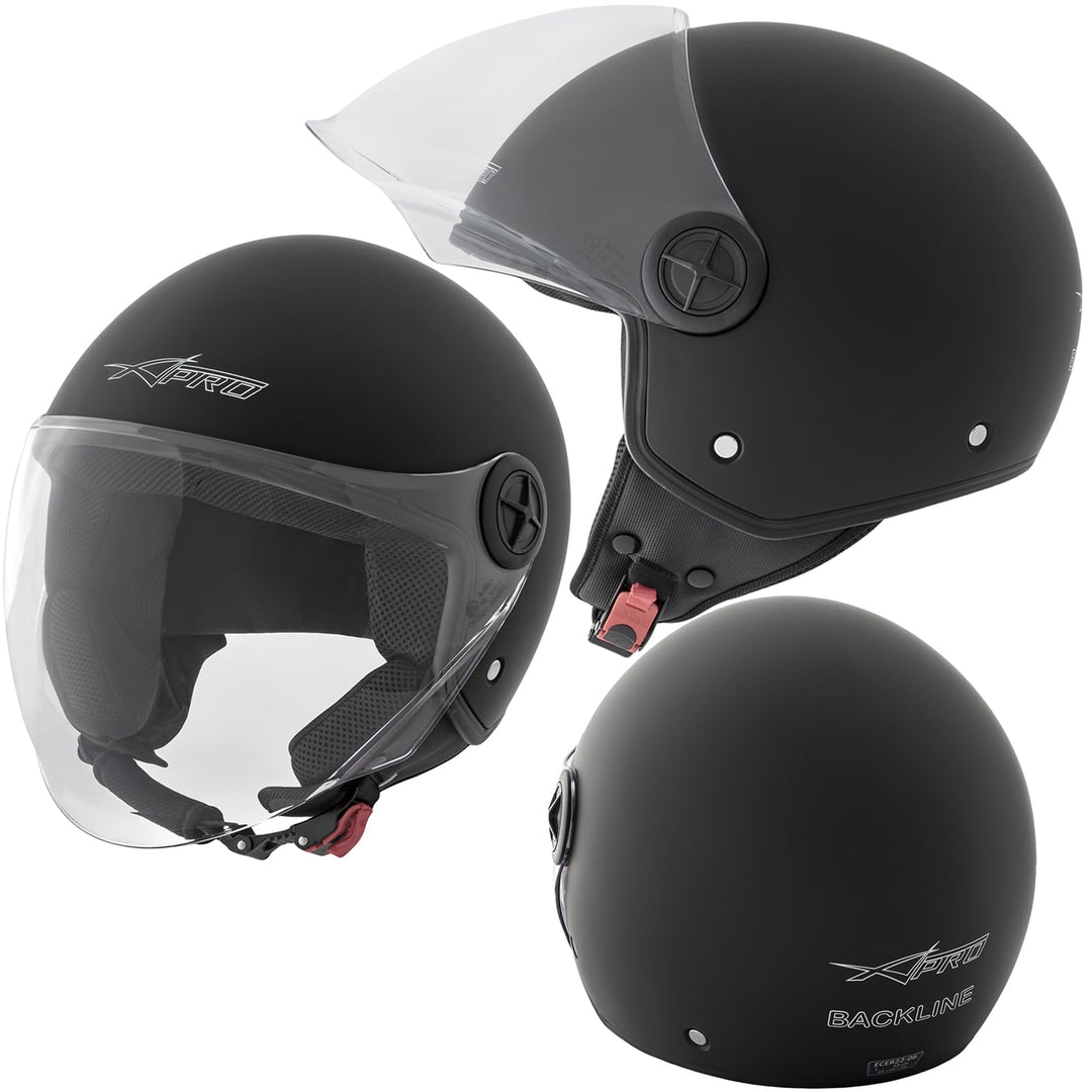 Motorradhelm Motorrad Roller Offenes Jet Scooter Helm Viser ECE 22 BACKLINE 61-62 cm (XL) Matt Schwa