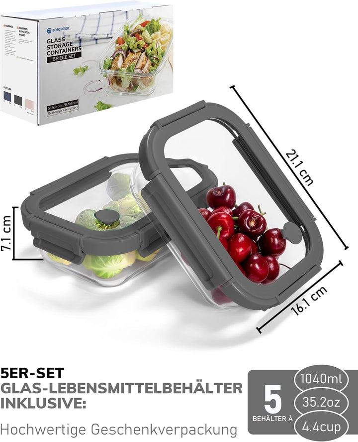 5er-Pack Borosilikatglasbehälter mit gehärtetemDeckel, 1040 ml/ 4,4 Tassen, luftdichtes Mahlzeiten-V