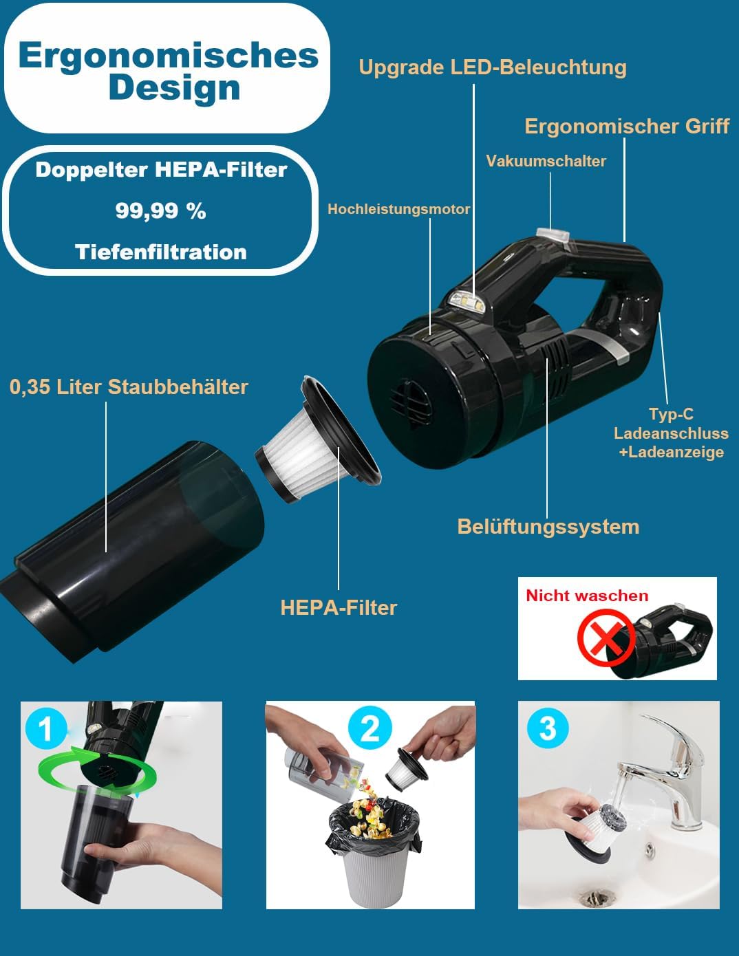 Handstaubsauger,16000Pa Handstaubsauger Akku Testsieger Beutellos,120W Autostaubsauger Stark Mini Na