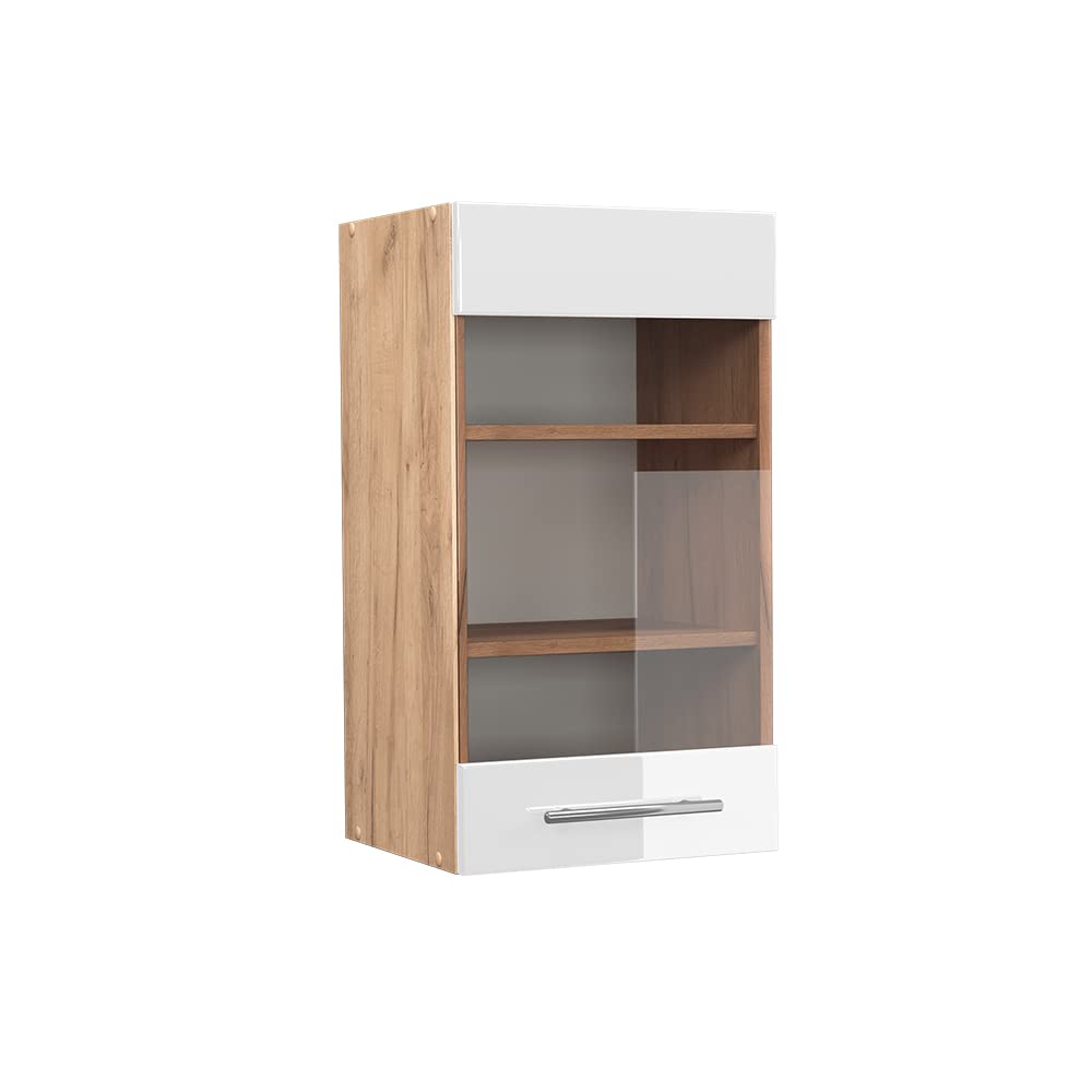 Vicco Küchenschrank Glas Fame-Line, Weiss Hochglanz/Goldkraft Eiche, 40 cm Hängeglasschrank 40 cm We