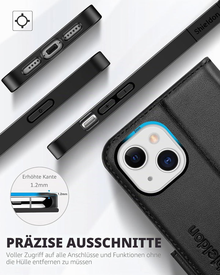 SHIELDON Hülle für iPhone 14 Plus 5G Handyhülle TPU Schutzhülle [Echtleder] [Kartenfach] [Magnet] [S