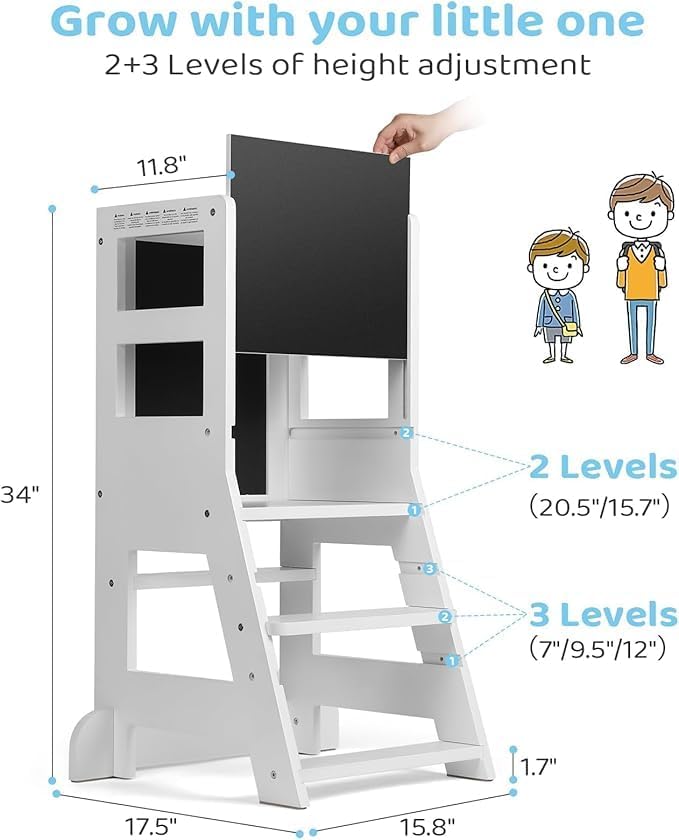 KIDINIX Lernturm mit 3 verstellbaren Höhen, Learning Tower mit magnetischem Whiteboard und Abnehmbar