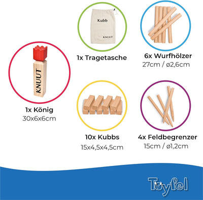 Toyfel XXL Kubb Spiel Knuut - FSC® Holzspiel mit Stoffbeutel – Spannendes Schweden Schach aus Kiefer