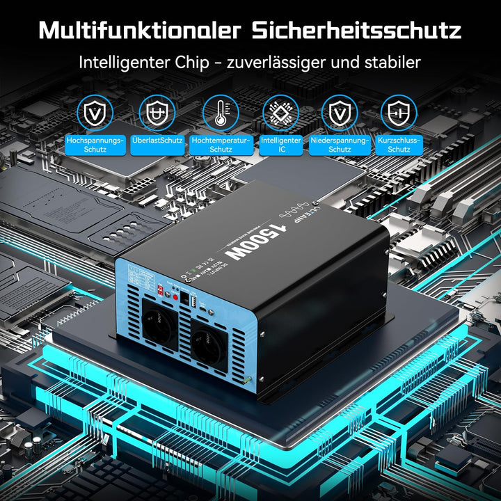 1500W Wechselrichter Reiner Sinus 12V auf 230V KFZ Spannungswandler mit LCD-Bildschirm-Fernbedienung