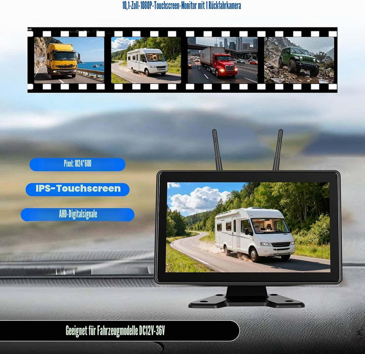 CAMECHO [Solar] Rückfahrkamera Kabellos mit 10.1 Zoll Monitor Touchscreen, 10000 mAh Magnetische 720