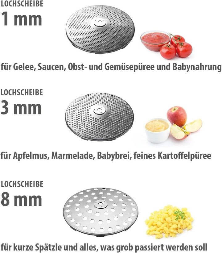 GEFU Passiermühle Original FLOTTE LOTTE Edelstahl | 3 Lochscheiben 1/3/8 mm | Passiergerät für Tomat