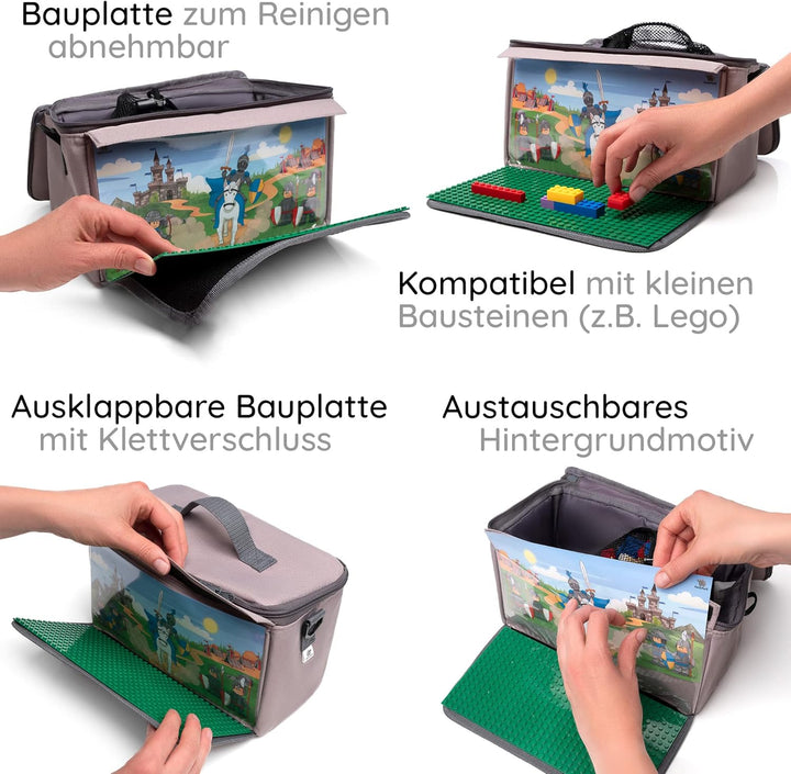 fantifant Baustein Tasche für Lego mit ausklappbarer Bauplatte kompatibel mit Lego Tasche MIT AUSTAU