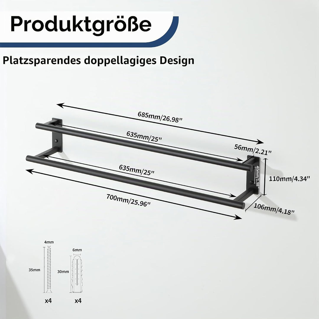 70 cm Doppelter Handtuchständer,Gebürstet Handtuchhalter Wand,Handtuchhalter Schwarz aus Edelstahl S